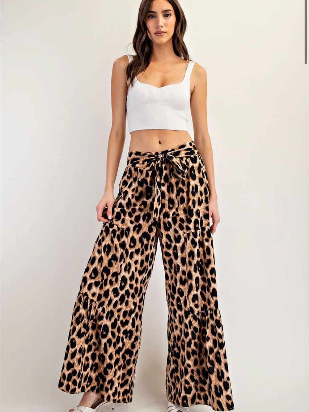 Leopard Print Wide-Leg Pants with Tie Waist - Beige/Black
